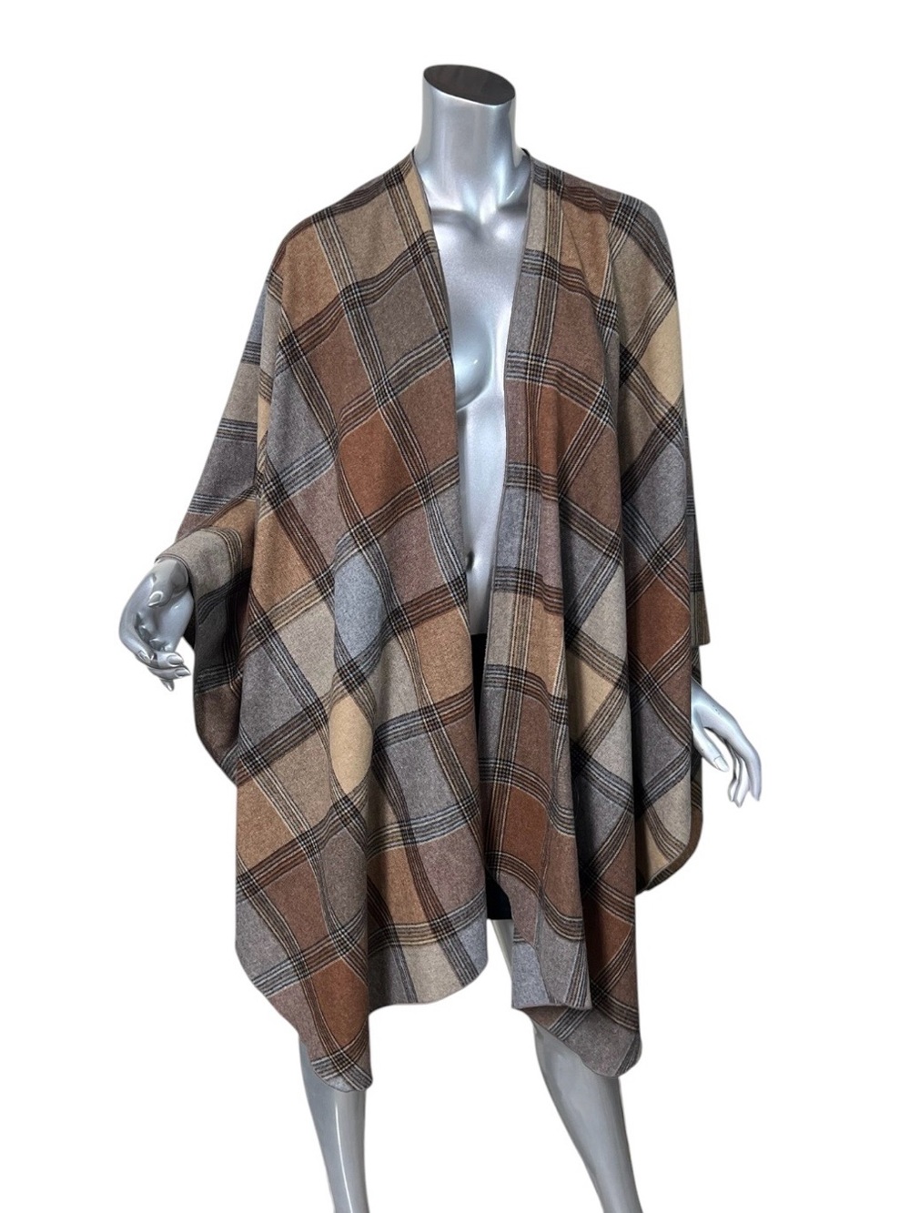 Vintage J.R. Sport Women’s One Size Brown Tan Grey Plaid Poncho Wool Blend?
